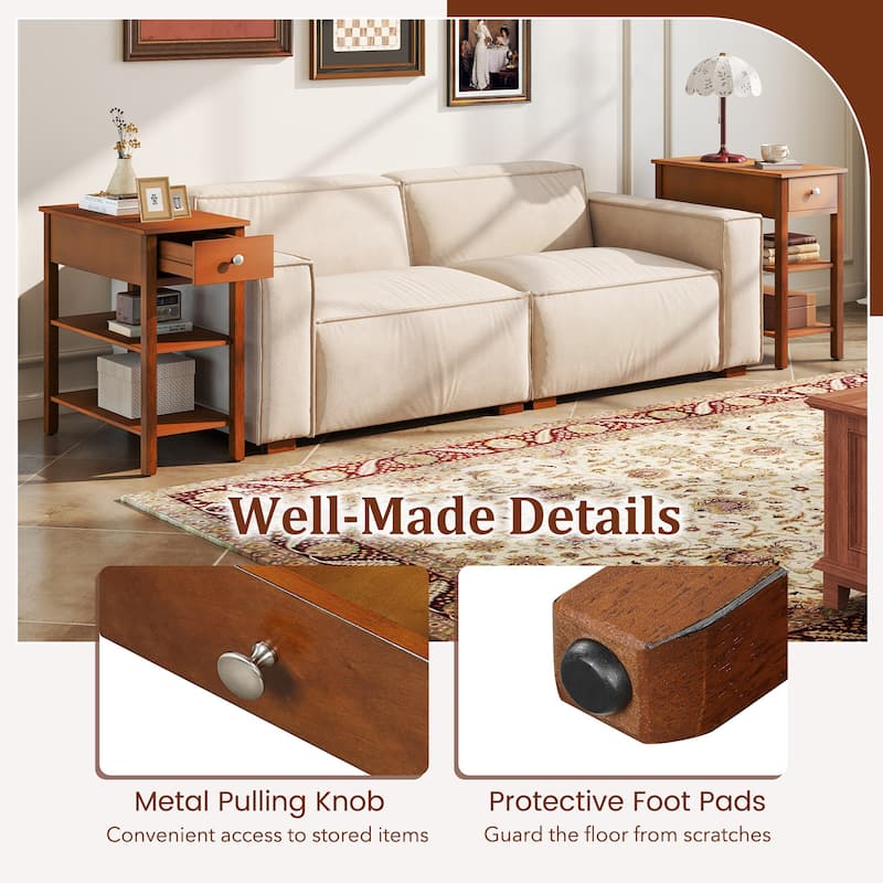 Gymax 2 PCS Narrow End Tables w/Drawer Shelves & Rubber Wood Legs Sofa