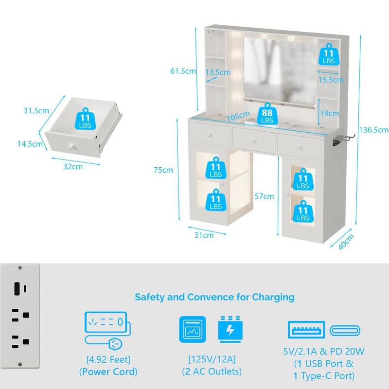 Particle Board Veneered 3 Drawers 2 Glass Doors Left and Right 2-tier Shelves Glass Tabletop Dressing Table - N/A