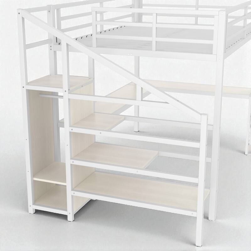 Queen Size Loft Bed with L-Shaped Desk, USB Charging, LED Lights, Wardrobe & Adjustable Shelf for Kids, Teens, Adults