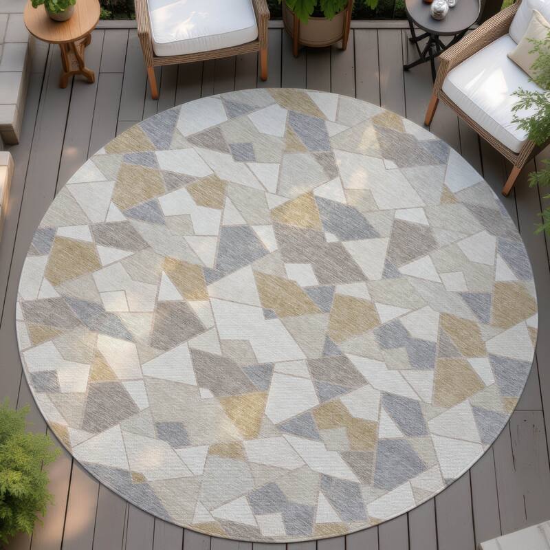 Machine Washable Indoor/ Outdoor Modern Mosaic Chantille Rug - Ivory - 8' x 8'