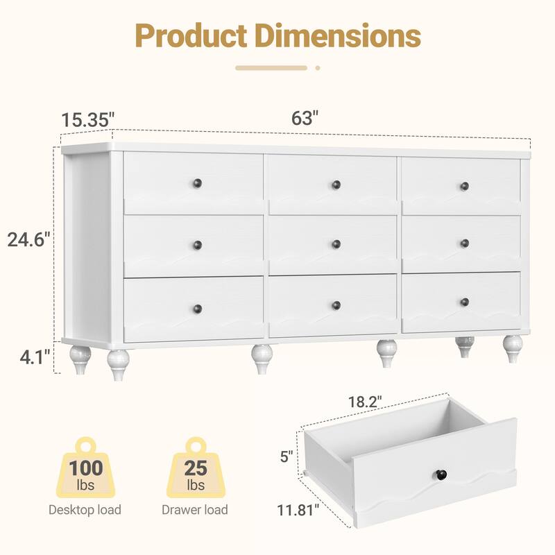 Modern 9-Drawer Dresser Closet Organizer, 63-In Chest of Drawers TV Stand