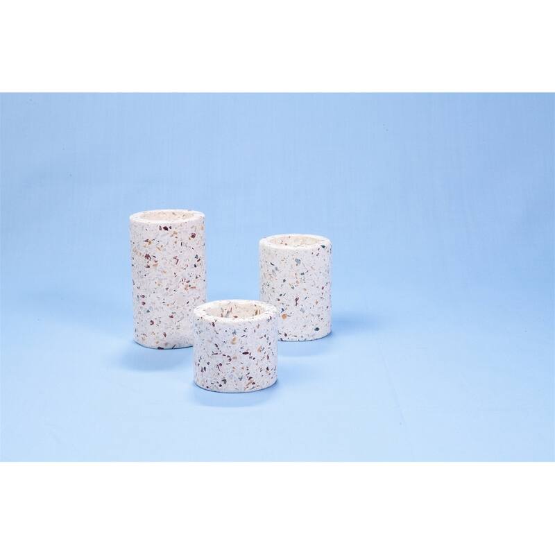 Set of 3 Terrazzo w/ Multi Colored Chips T-Lite Candle Holders -ST - White