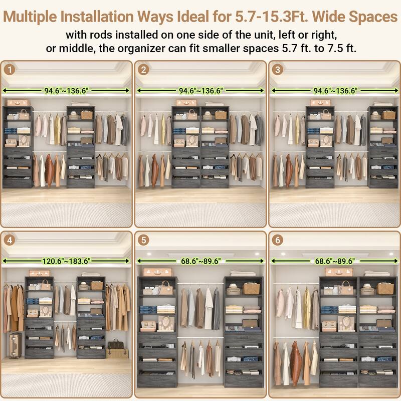 Qvella 95''-136'' W Closet System with 8 Wooden Drawers and 4 Hanging Rods, Walk-in Closet Organizer with 6 Storage Shelves