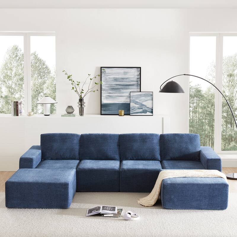 110*72" Modular U Sofa w/ Ottomans, Navy Chenille, No Assembly, 3 Colors, LR & BR