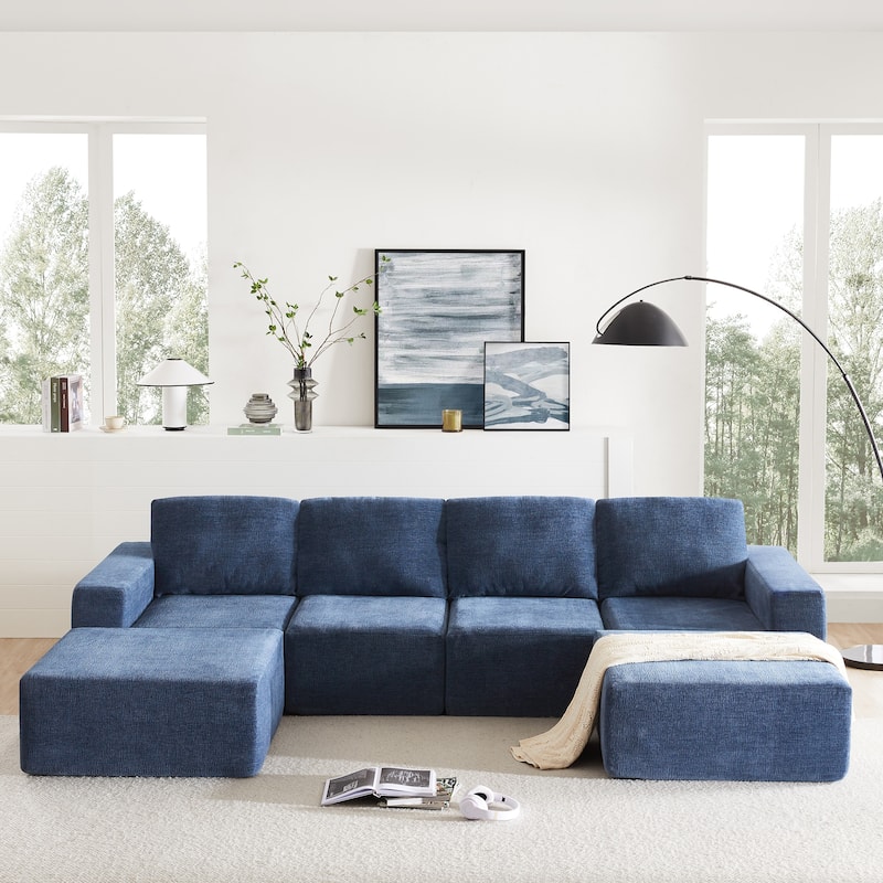 Modular U-Shaped Sectional Sofa with 2 Ottomans, Chenille Cloud Floor Couch, Fully Compressed Upholstered Sofa