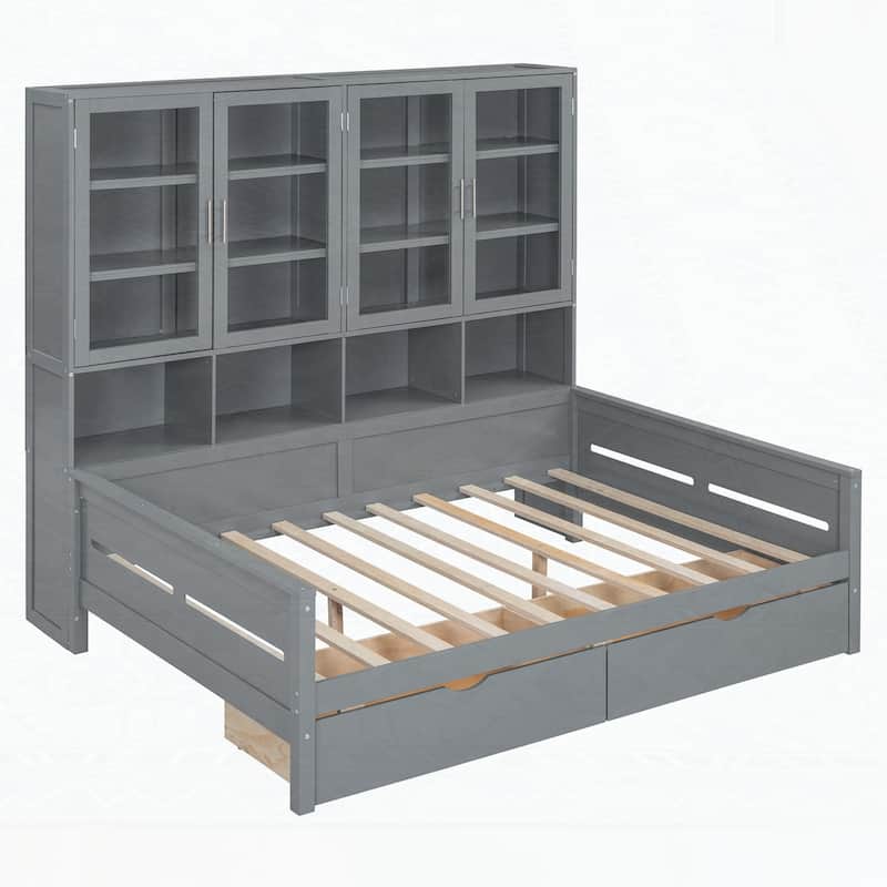 Wooden Daybed with Glass-Door Storage Cabinets and Built-in LED Lighting