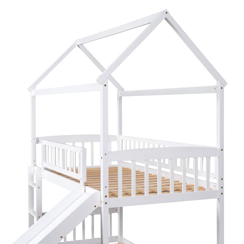 Roomfitters Twin Over Twin House Bunk Bed with Slide, Solid Wood Frame, Playhouse Design Bedroom Furniture, White