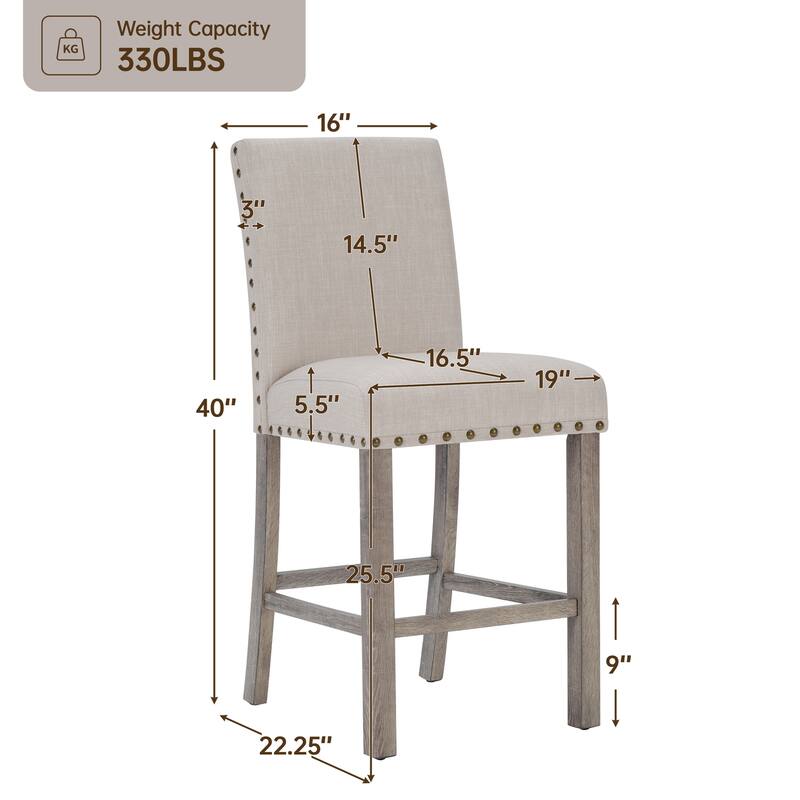 Morden Fort Farmhouse Style 3-piece Square Bar Table Set, 2 Upholstered Counter Stools with Bar Table Dining Set