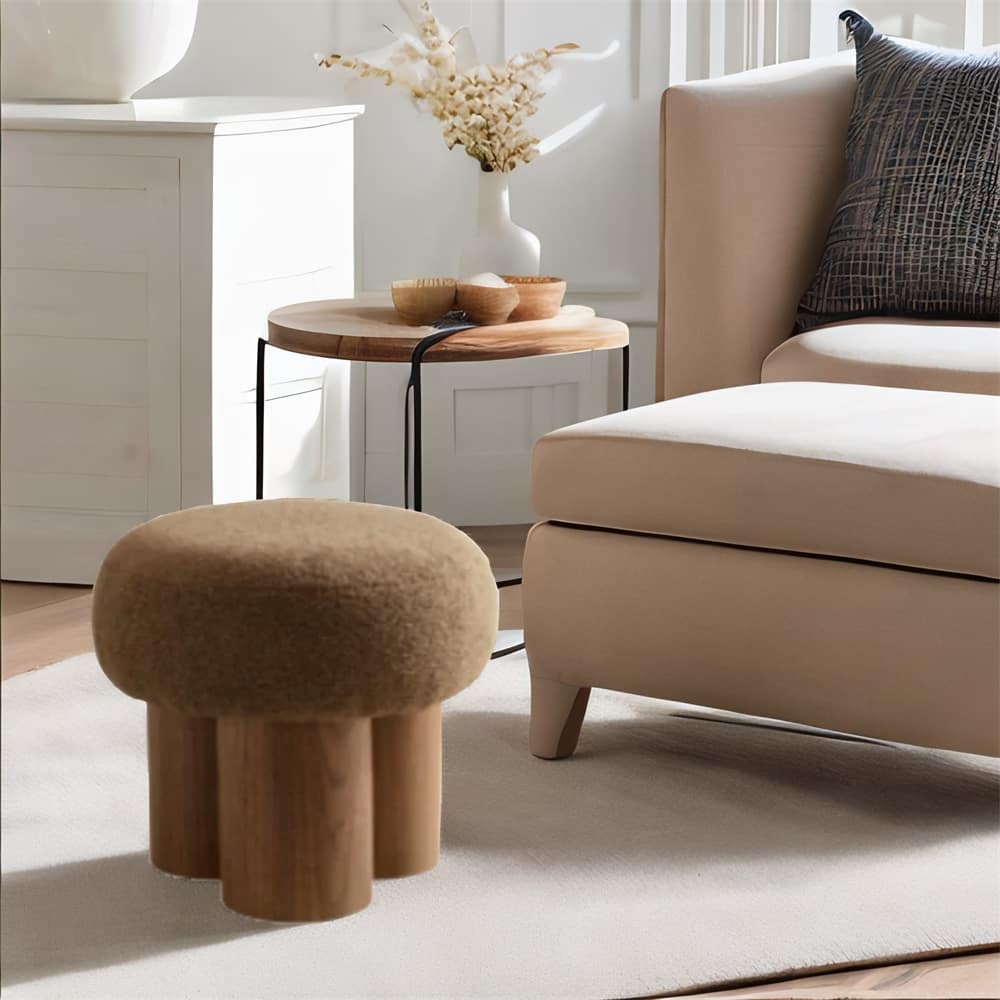 Mushroom Stool with Lamb Wool Seat,Barrel PVC Pipe with Walnut Veneer