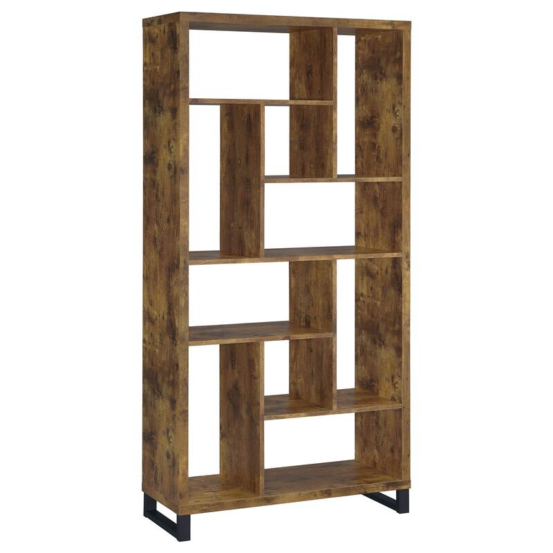 1pc Industrial Style Bookcase Ten Shelves Bookshelf Rustic Antique Nutmeg Black Metal Base Home Office - Brown,Cappuccino