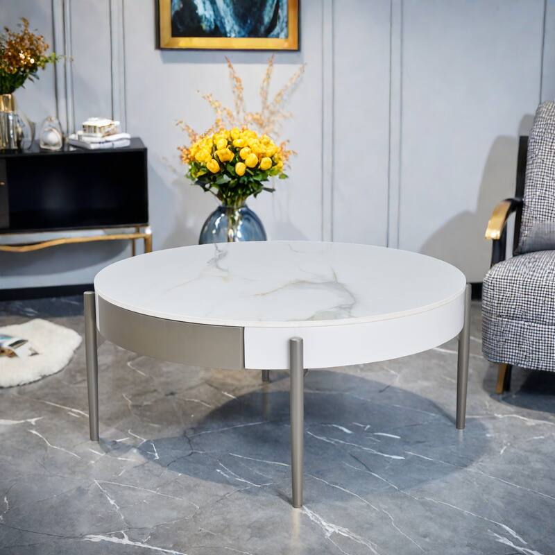 31.49" Ceramic Tile Round Coffee Table with Sintered Stone Top, Storage Drawers - White+gray