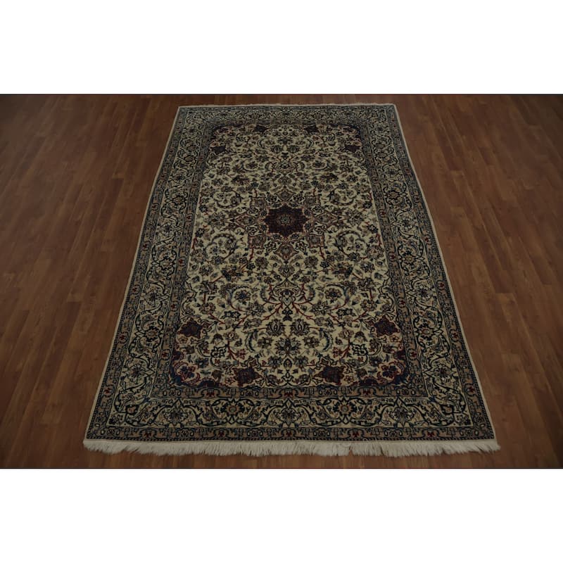 Hand Knotted Oriental Wool & Silk Carpet Traditional Floral Beige & Ivories Nain Area Rug - 8' 5'' X 5' 6''
