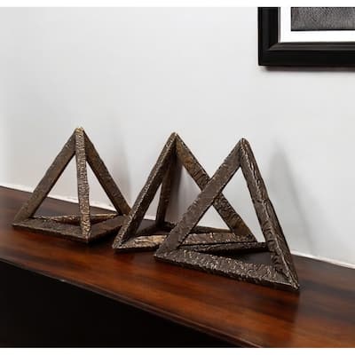 HomeRoots Set of Three Bronze Metal Pyramid Tabletop Sculptures - 9.5' X '8' X '8.25