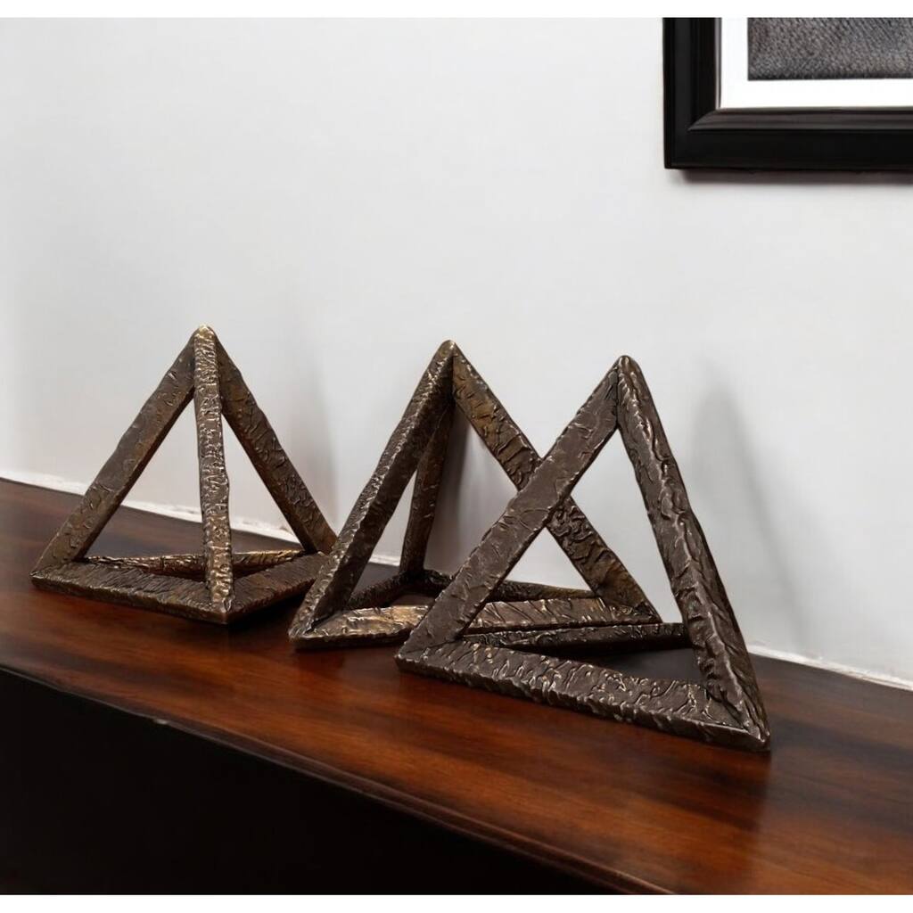 HomeRoots Set of Three Bronze Metal Pyramid Tabletop Sculptures - 9.5' X '8' X '8.25