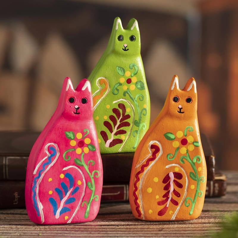 Novica Handmade Colorful Cats Ceramic Figurines (Set Of 3)