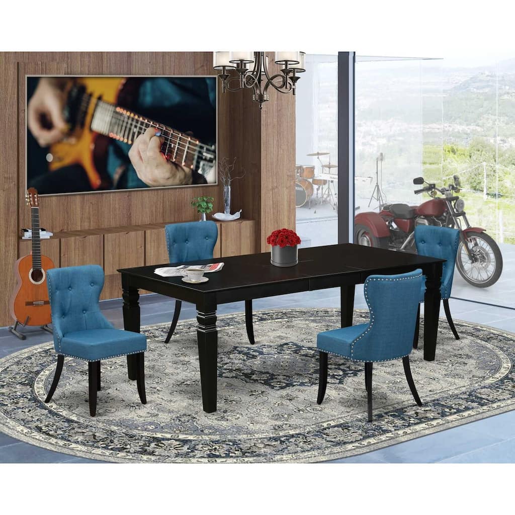 Wooden Dining Table Set - 4 Fabric Chairs - Mineral Blue & Black - Rectangle Table with Leaf