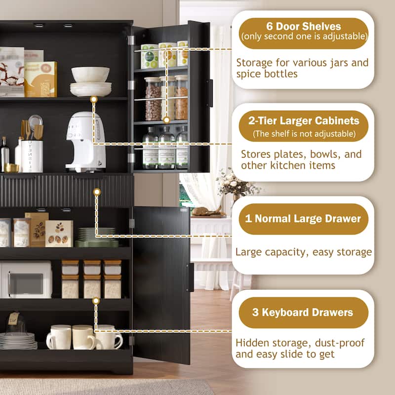 Fluted Kitchen Pantry Cabinet, Freestanding Sideboard Buffet Storage Cabinet with 3 Keyboard Drawers & 6 Door Shelves