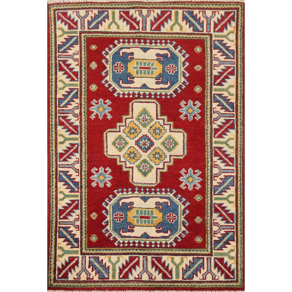 Geometric Red Kazak Foyer Rug Hand-Knotted Wool Carpet - 2'8" x 4'1"