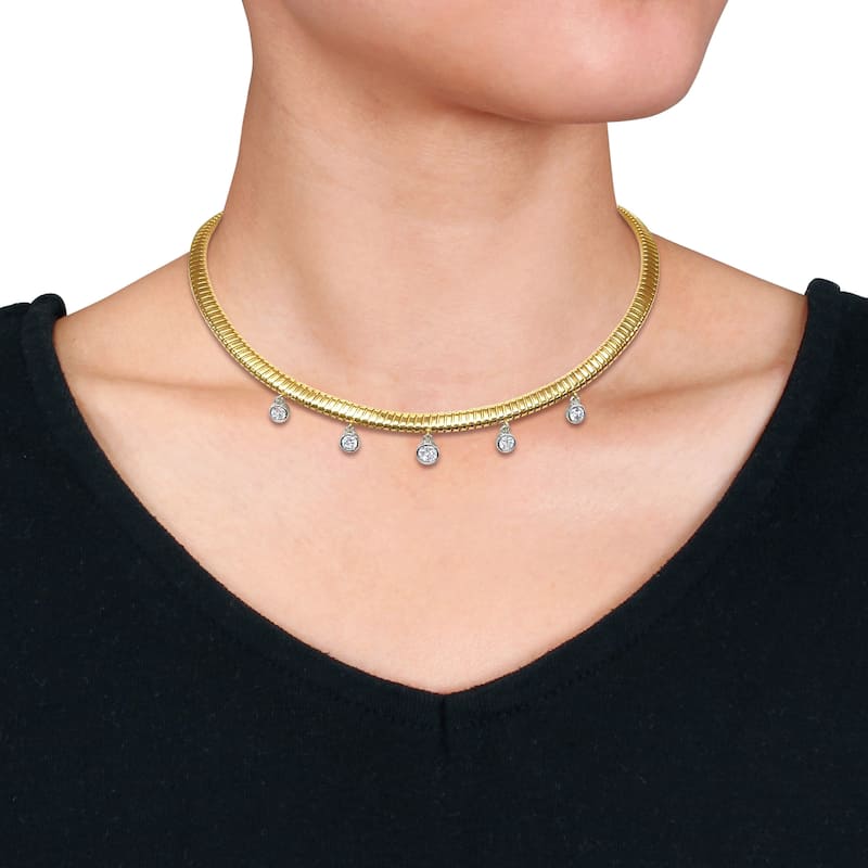 Miadora 2 3/8ct TGW Cubic Zirconia 4.5mm Omega Station Necklace in Yellow Silver-17 in
