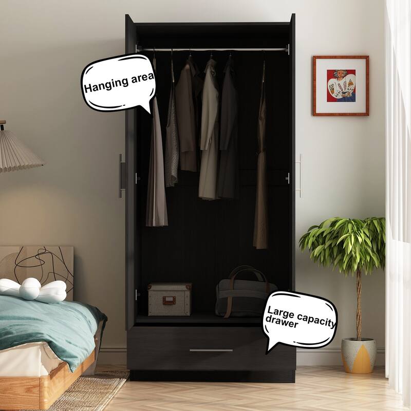 31.5" Freestanding Wardrobe Closet with Drawer, 2 Door Armoire with Hanging Rod, Modern Bedroom Storage Cabinet, Black/White