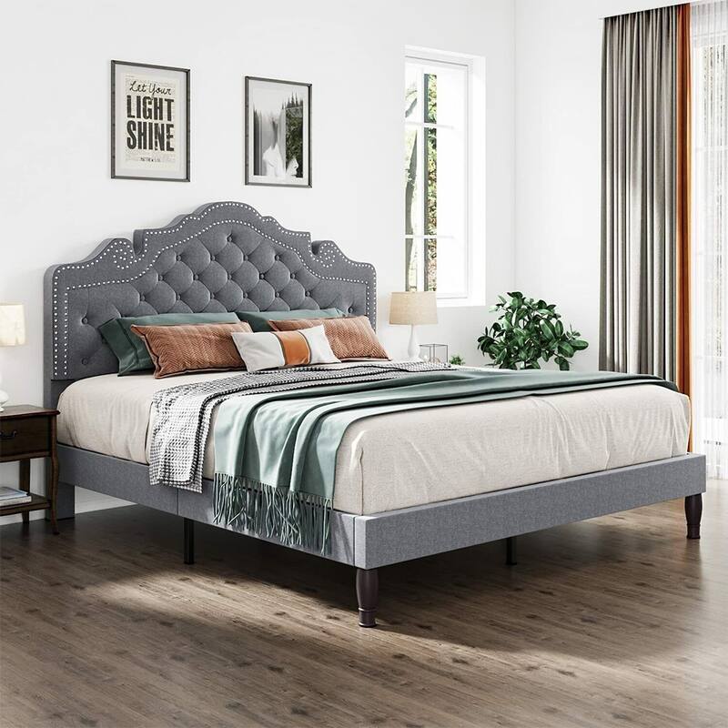 Queen Size Bed Frame with Diamond Button Adjustable Headboard, Grey - Grey - Queen