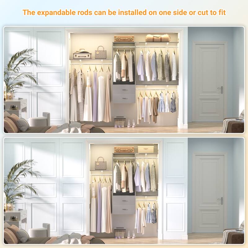 96'' Hanging Closet System with 3 Hanging Rod ＆ 3 Shelving Towers ＆ 2 Drawers,8FT Walk in Closet Organizer System