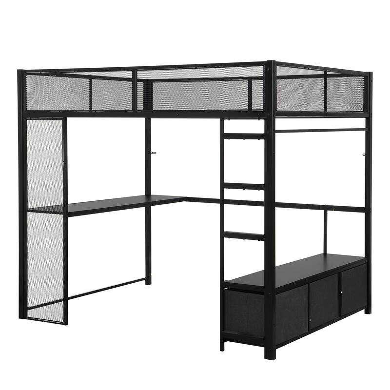 Full Gaming Loft Bed with LED, Desk, Open Wardrobe and 3 Linen Drawers