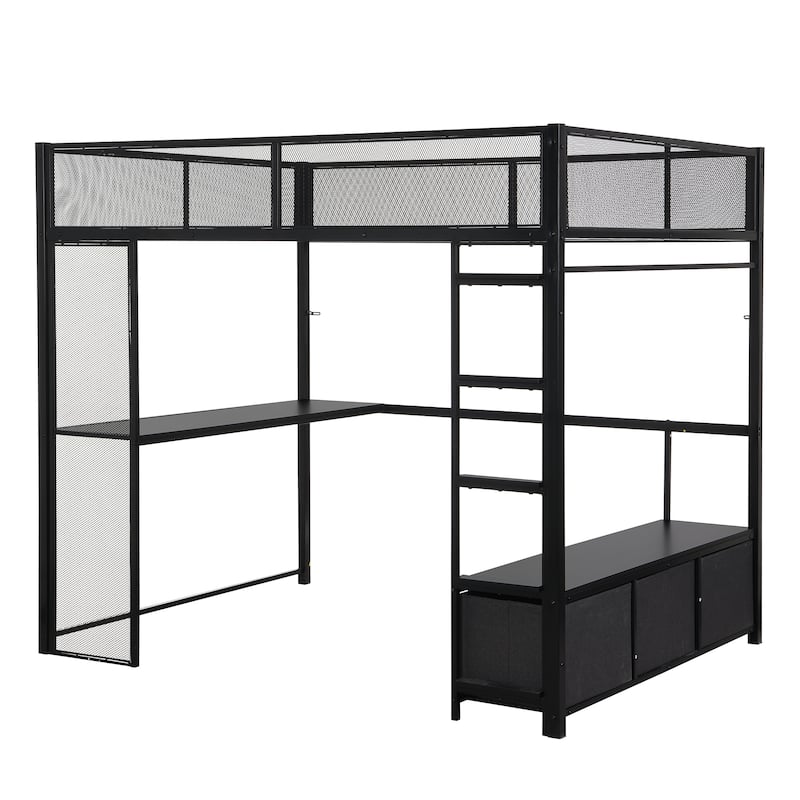 Full Size Metal Gaming Loft Bed with 16-Color LED, Study Desk & 3 Storage Drawers (400lb Capacity)