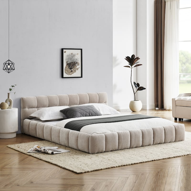 Chenille Fabric Grounded Queen Size Platform Bed with Headboard and Solid Frame - Beige