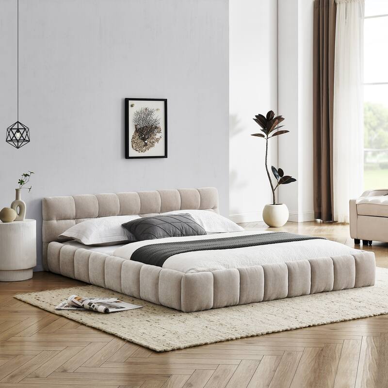 Grounded Bed Queen Size Platform Bed Thick Chenille Fabric Upholstered Bed with Wood Slats Support Bed Frame for Bedroom