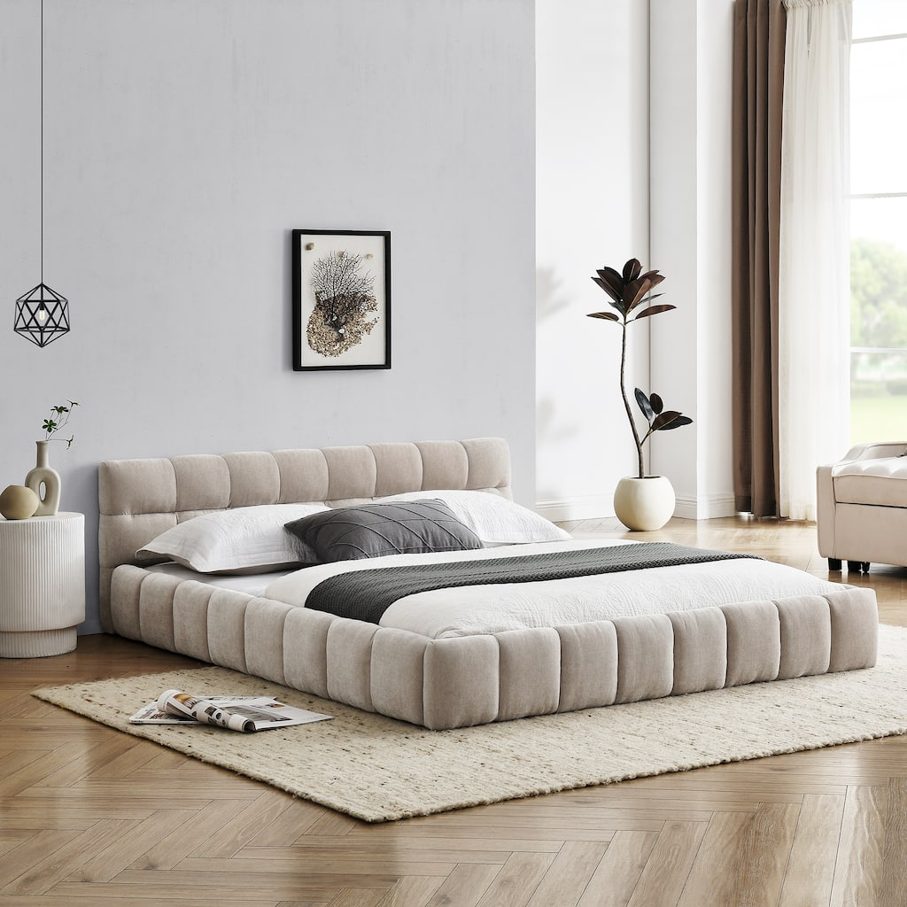 Queen Chenille Upholstered Platform Bed with Thick Fabric & Headboard