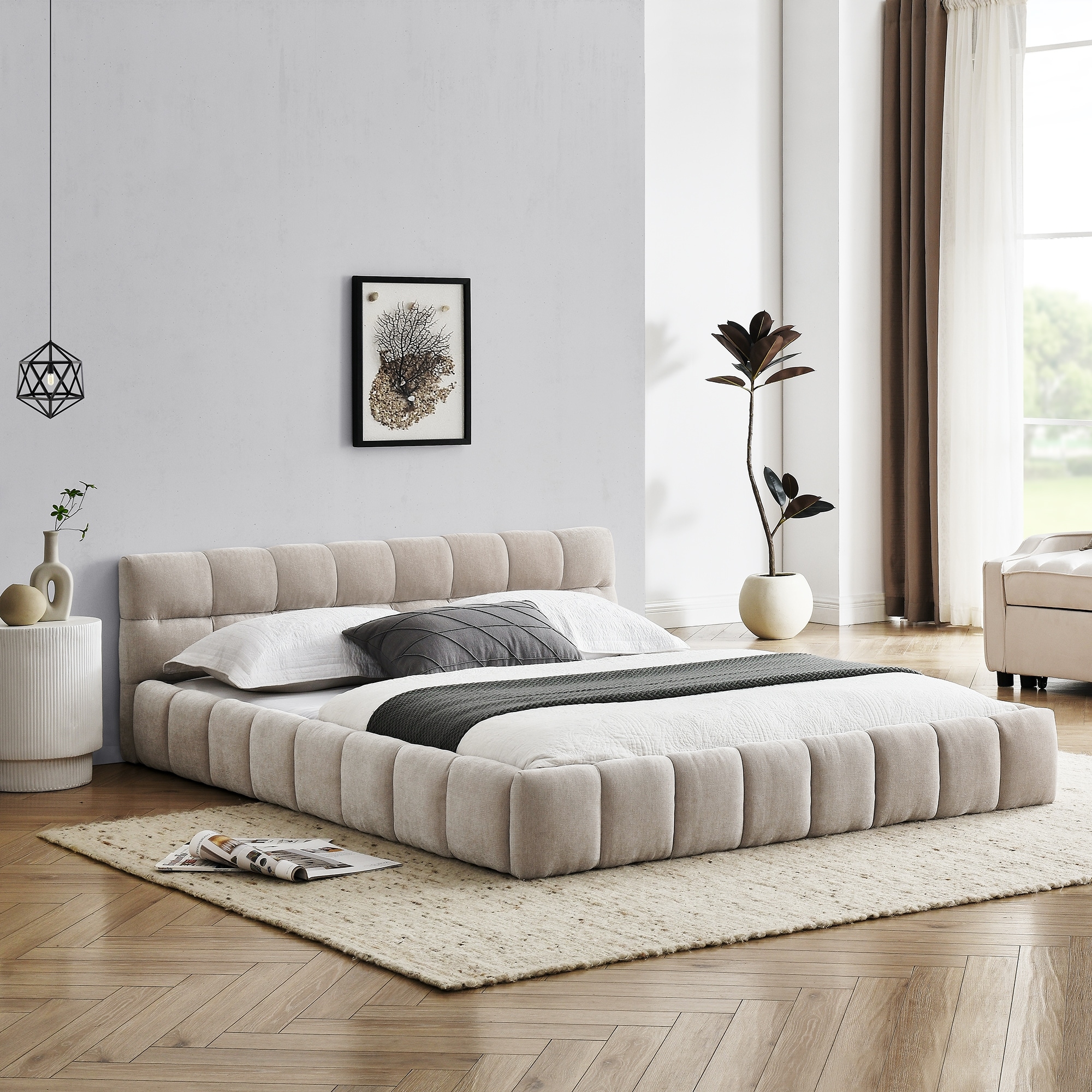 Queen Upholstered Bed Frame With Thick Fabric, Grounded Platform Bed With Headboard