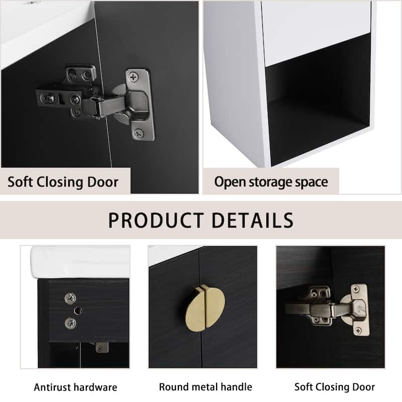 24" Wall-Mounted Bathroom Vanity With Ceramic Sink and Side Cabinet, Soft Close Doors, Combination Cabinet