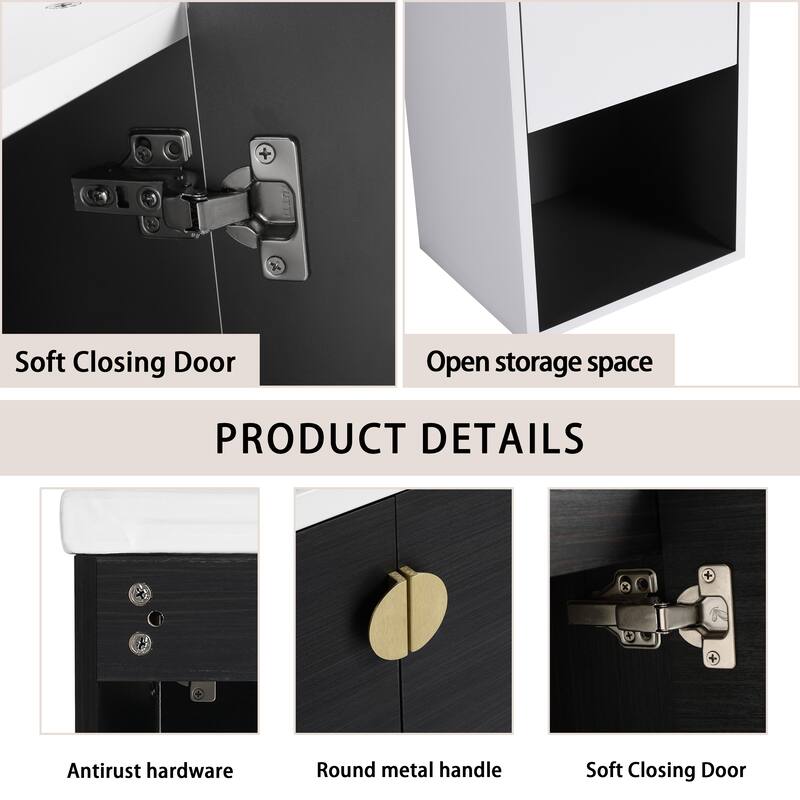 28" Floating Bathroom Vanity with Ceramic Sink, Soft-Close Doors, Wall-Mounted Side Cabinet, Black Chestnut