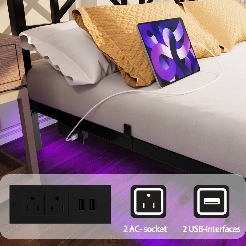 Floating Bed Frame with Storage Drawers, USB & LED Lights, Modern Platform Bed with Duty Steel Slats, No Box Spring Needed