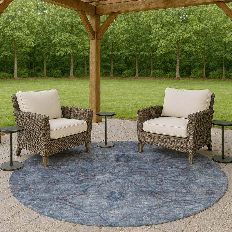 Machine Washable Indoor/ Outdoor Boho Global Chantille Rug - Blue - 8' x 8'