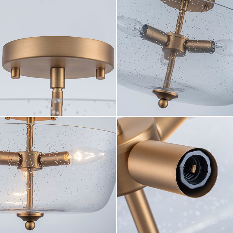 Modern Transitional 3-Light Seeded Glass Drum Flush Mount Foyer Ceiling Lights - Brass