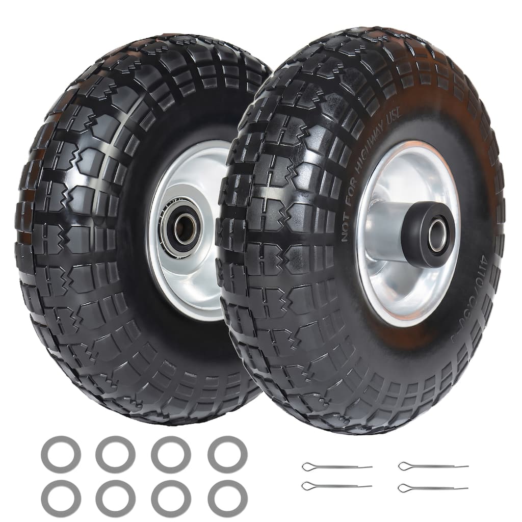 10-Inch 4.10/3.50-4 Solid Flat-Free Tire & Wheel, 5/8" Bearings, Heavy Duty for Wheelbarrows, Hand Trucks, Carts (Set of 2)