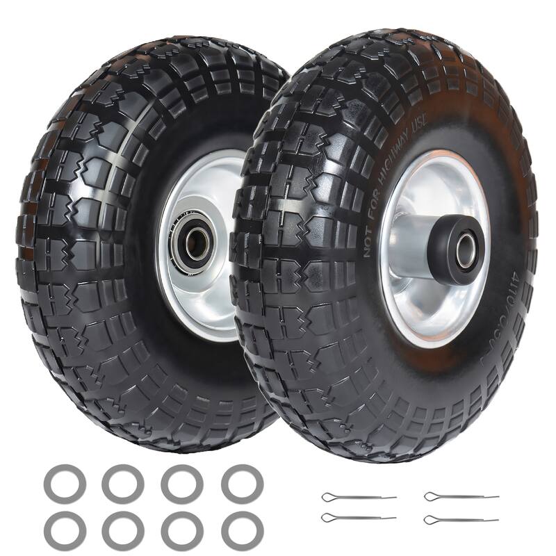 10-Inch 4.10/3.50-4 Solid Flat-Free Tire & Wheel, 5/8" Bearings, Heavy Duty for Wheelbarrows, Hand Trucks, Carts (Set of 2) - Black