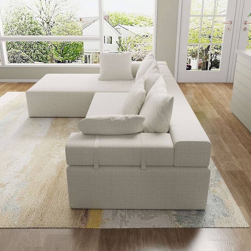 L-Shaped Chenille Sectional Sofa Modern Modular Cushion Back Couch Sofa With 6 Pillows for Living Room