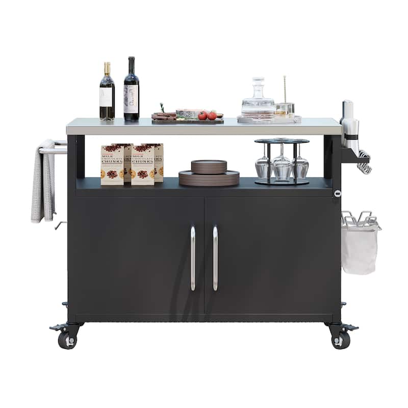 54.5" Outdoor Kitchen Island with Stainless Steel Tabletop, Grill Cart Table with Big Storage Cabinet, 4 Lockable Wheels