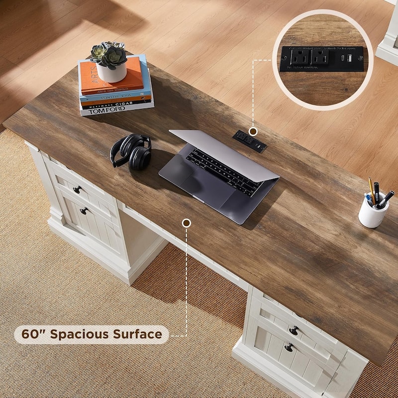 Farmhouse Computer Desk, Wood Home Office Desk with Charging Station