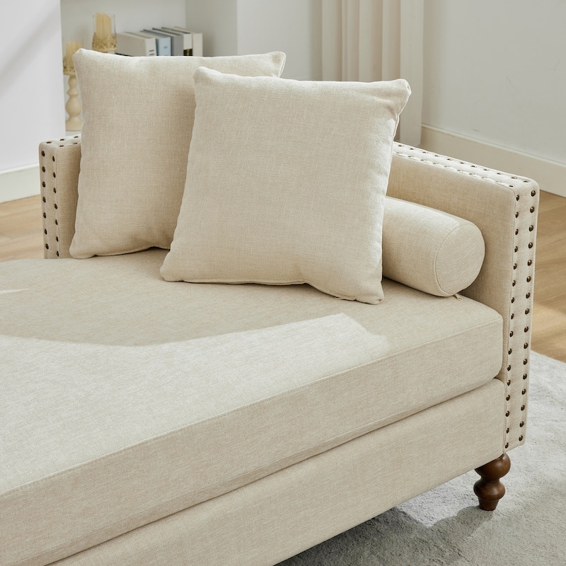 75.2"Wide Upholstered Chaise Lounge with Nailheads, Sleeper Sofa Couch With 4 Throw Pillows & 2 Bolsters, Rubberwood Legs