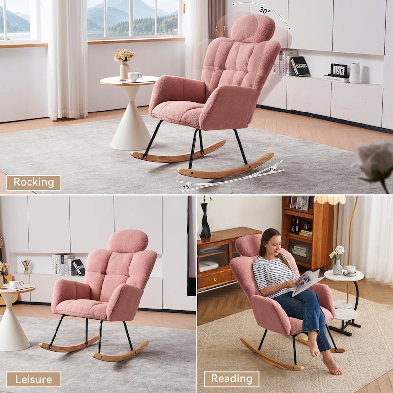Teddy Fabric Upholstered Nursery Rocking Glider Chair Modern Accent Armchair Padded Seat with High Backrest and Pillow