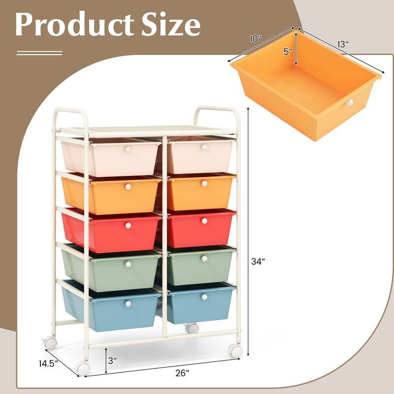Costway 10-Drawer Storage Cart Utility Rolling Trolley Kitchen Office