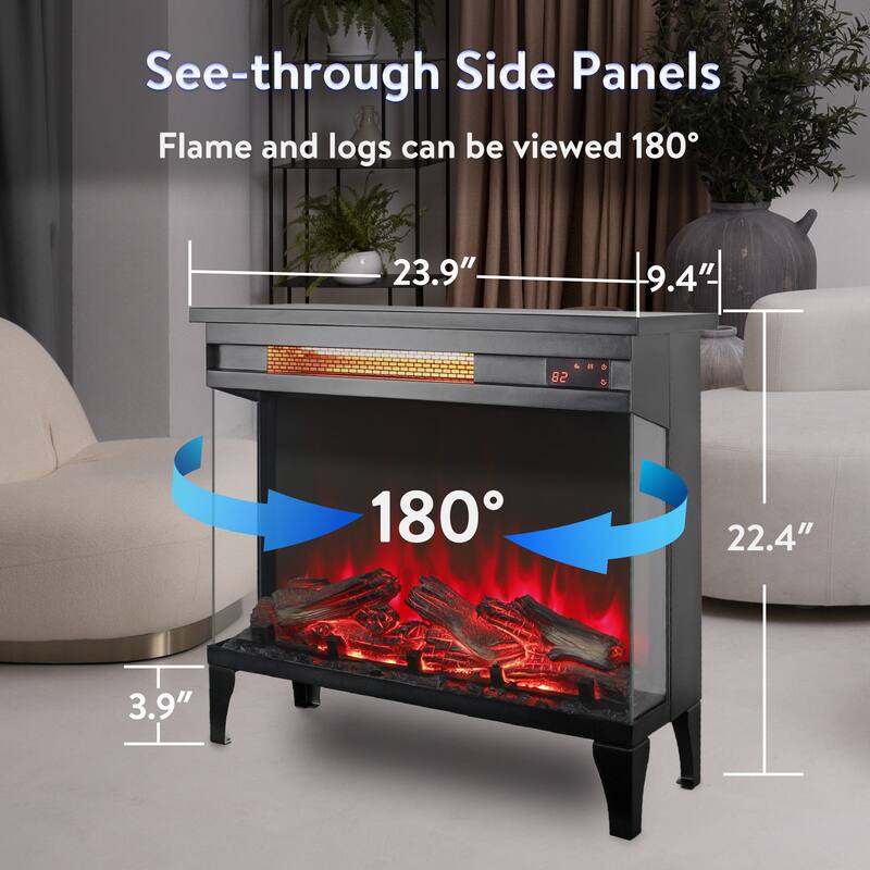 24-Inch Freestanding Three-Sided Electric Fireplace with Panoramic Flame View, Remote, and 11 Temperature Settings