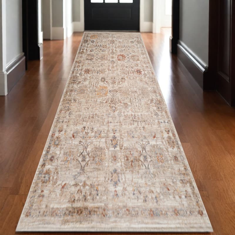 HomeRoots Floral Medallion Traditional Runner Area Rug - 120.00 in. x 30.00 in.  x 0.30 in.