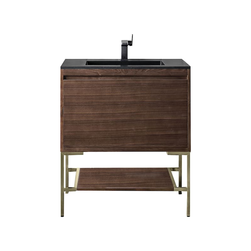 James Martin Vanities Mantova 31.5" Single Vanity Cabinet, Mid-Century Walnut - Champagne Brass Base, Charcoal Black Top