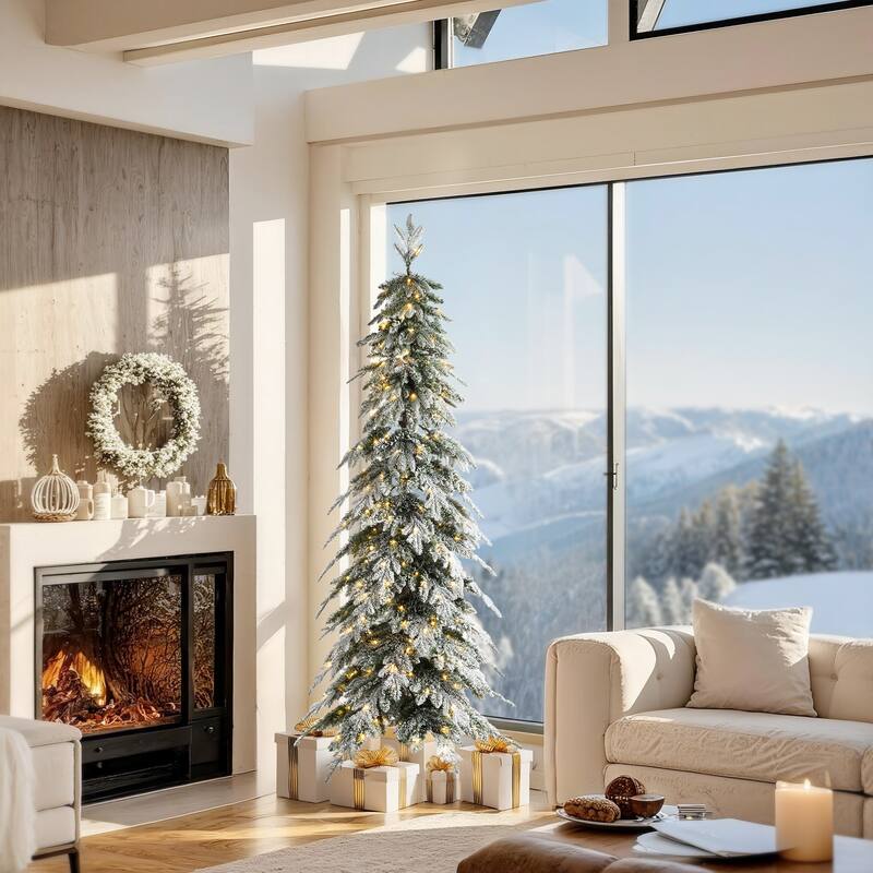Glitzhome Pre-Lit Flocked Pencil Spruce Artificial Christmas Tree with Warm White Lights