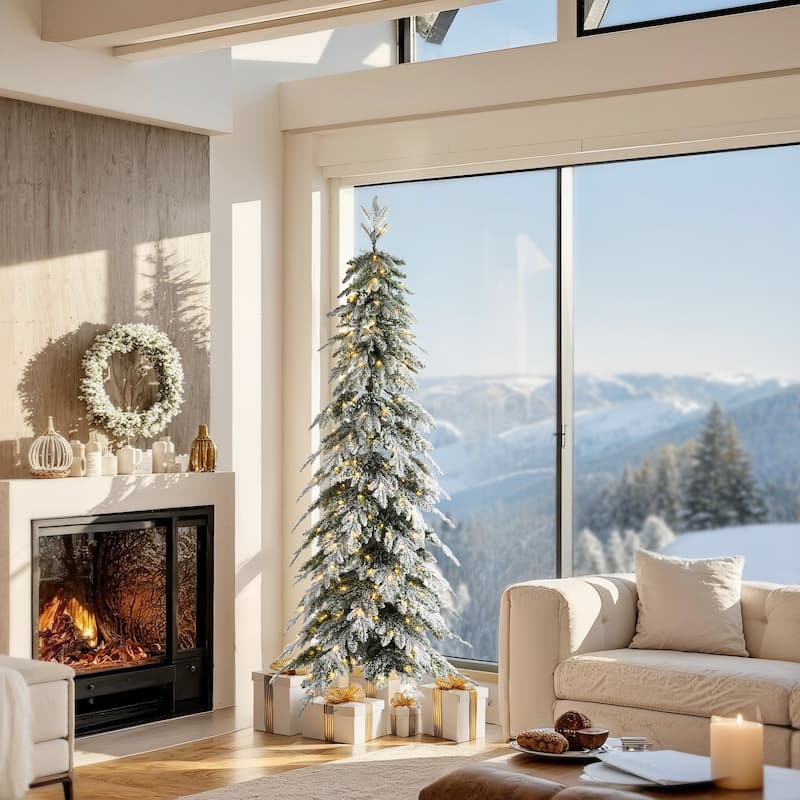 Glitzhome Snow-Flocked Chicago Frostwood Spruce Pre-Lit Artificial Christmas Trees-7.5/9/11 Foot - 7.5ft